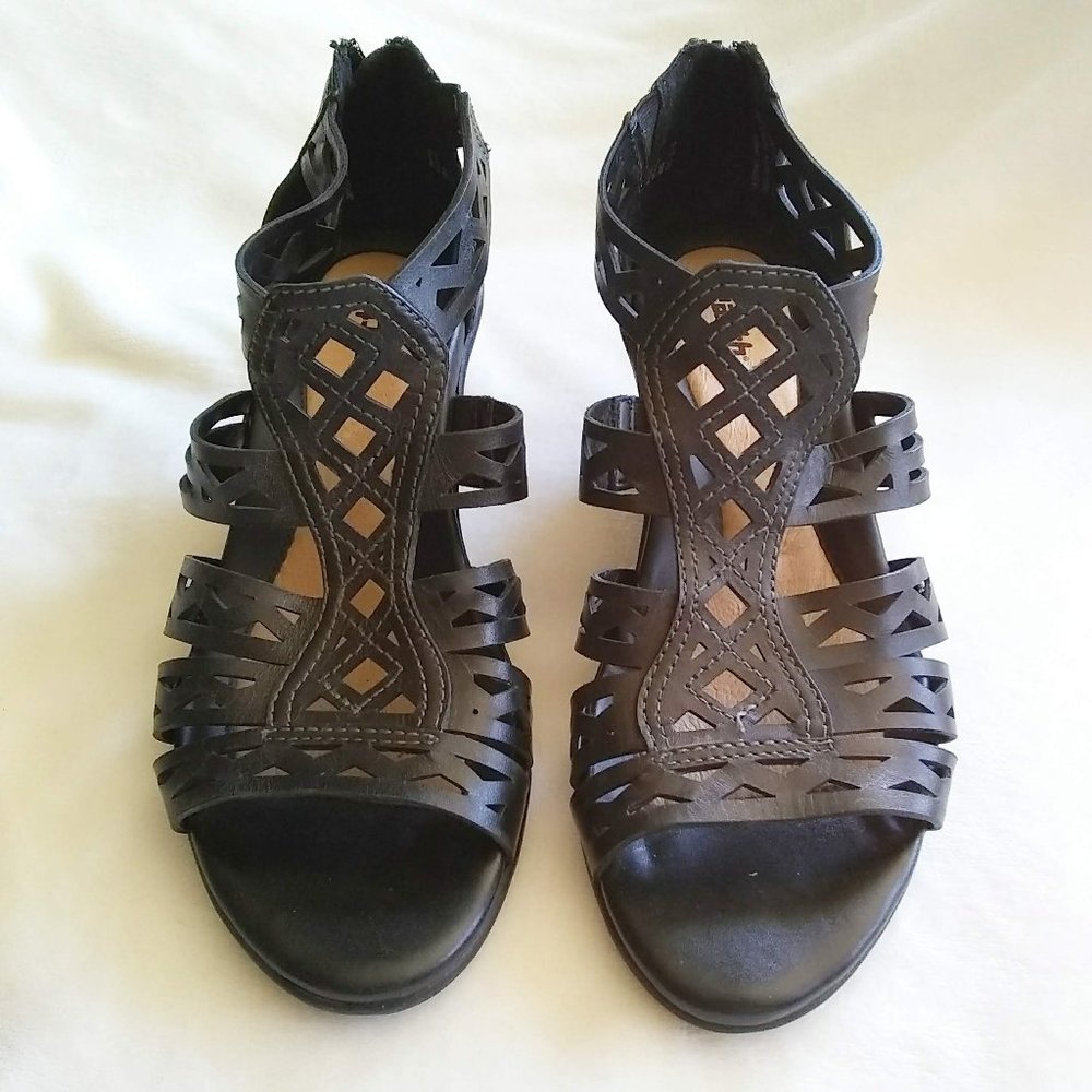 Earth Petal Leather Wedge Sandal Cut Outs Black